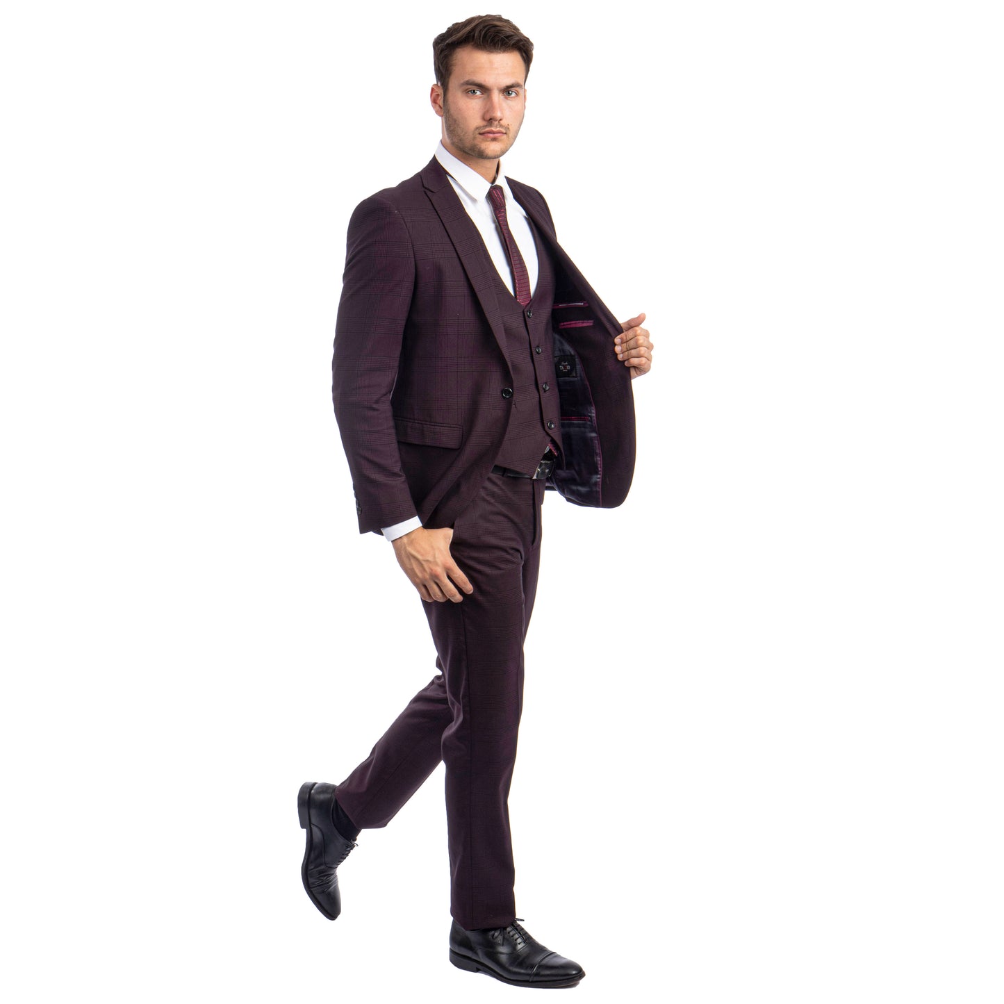 Tazzio Men's Ultra Slim-Fit 3-Piece Glen Check Suit, Burgundy