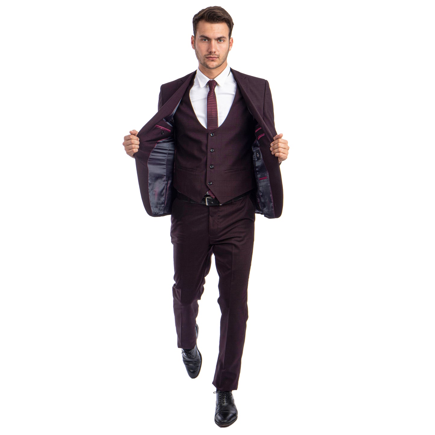 Tazzio Men's Ultra Slim-Fit 3-Piece Glen Check Suit, Burgundy