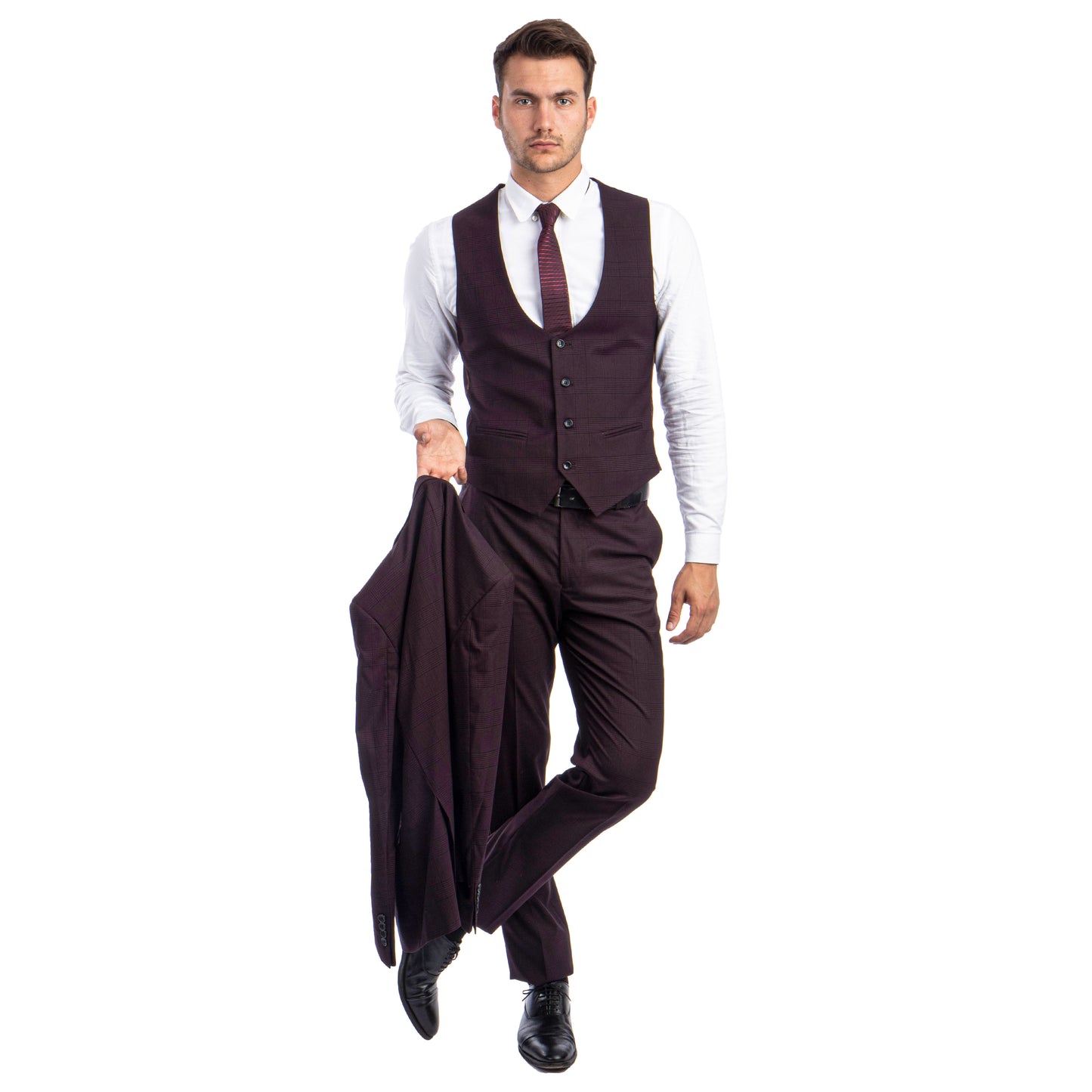 Tazzio Men's Ultra Slim-Fit 3-Piece Glen Check Suit, Burgundy