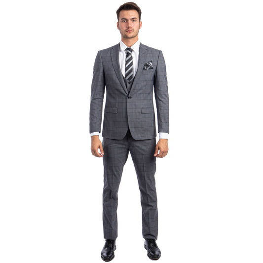 Tazzio Men's Ultra Slim-Fit 3-Piece Glen Check Suit, Grey
