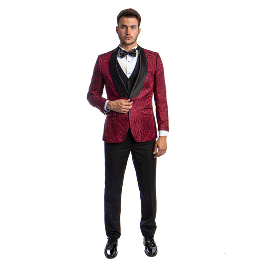 Tazzio Men's Hybrid-Fit 3pc Paisley Suit w/ Wide Black Shawl Collar, Burgundy