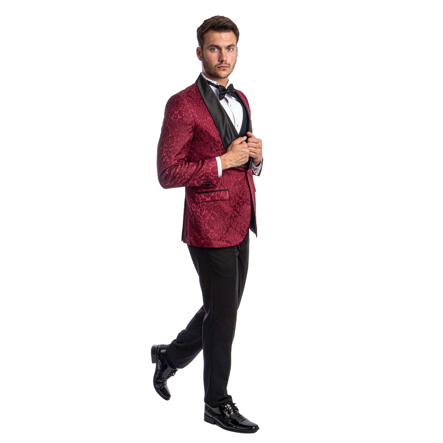 Tazzio Men's Hybrid-Fit 3pc Paisley Suit w/ Wide Black Shawl Collar, Burgundy