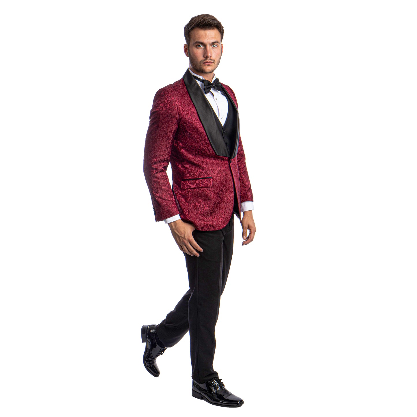 Tazzio Men's Hybrid-Fit 3pc Paisley Suit w/ Wide Black Shawl Collar, Burgundy