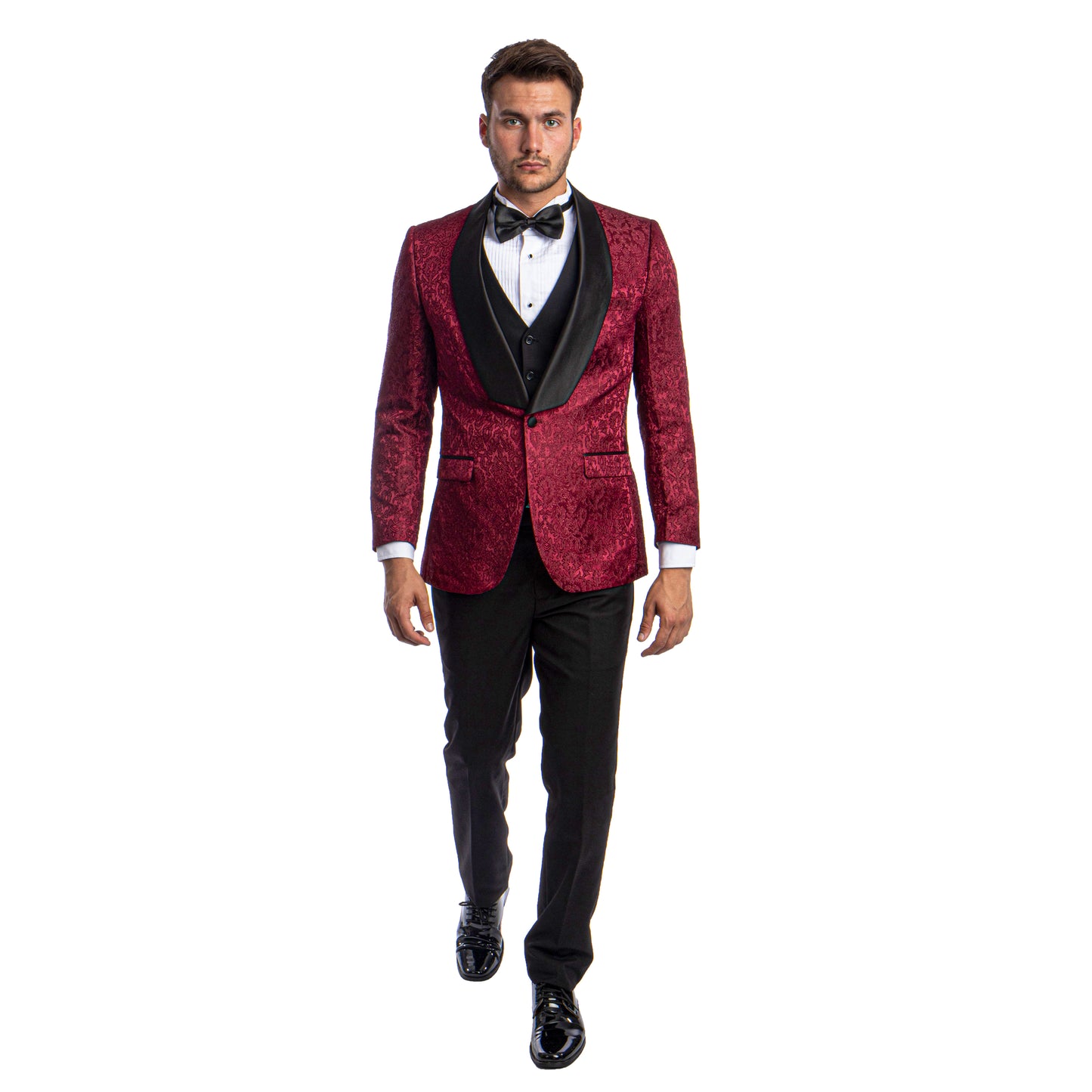 Tazzio Men's Hybrid-Fit 3pc Paisley Suit w/ Wide Black Shawl Collar, Burgundy