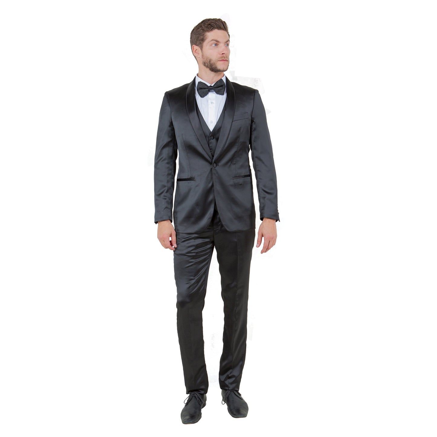 Mens 3pc Solid Satin Suit Set w/ Free Bowtie, Black