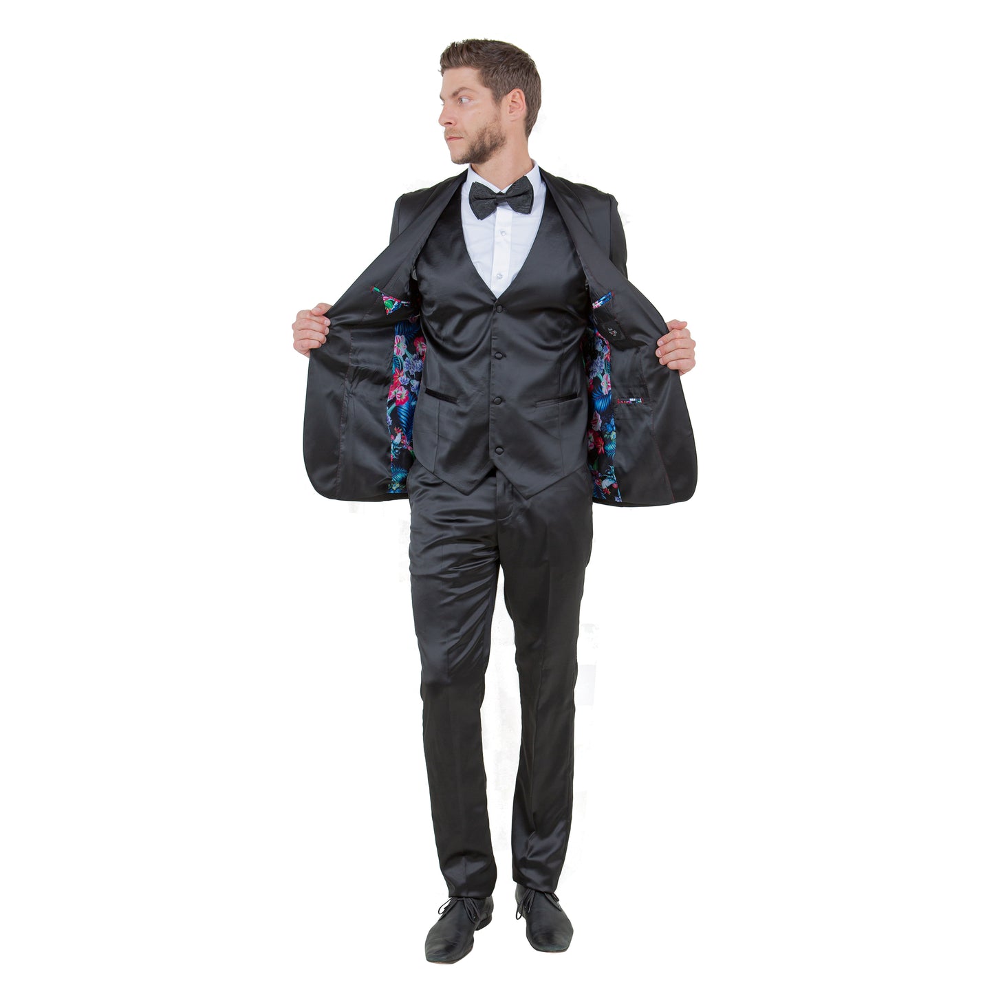 Mens 3pc Solid Satin Suit Set w/ Free Bowtie, Black