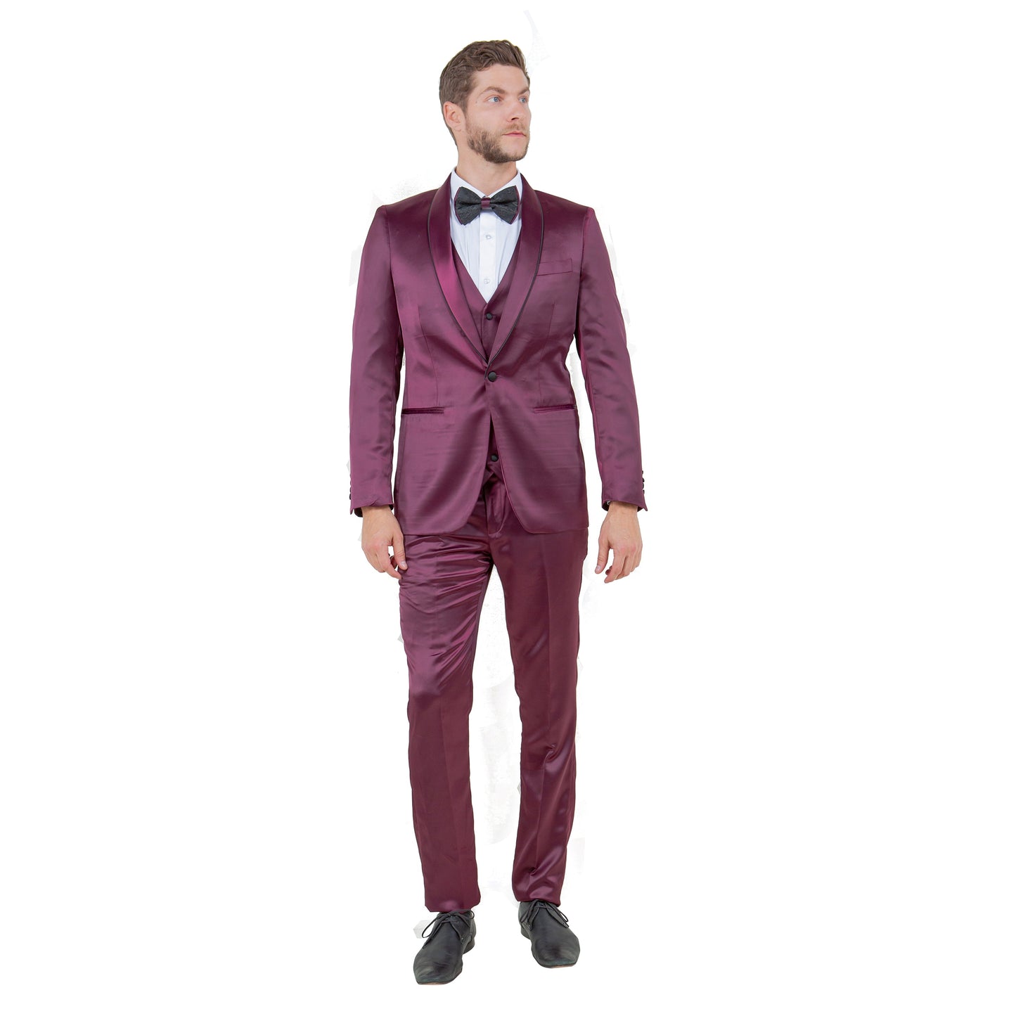 Mens 3pc Solid Satin Suit Set w/ Free Bowtie, Burgundy