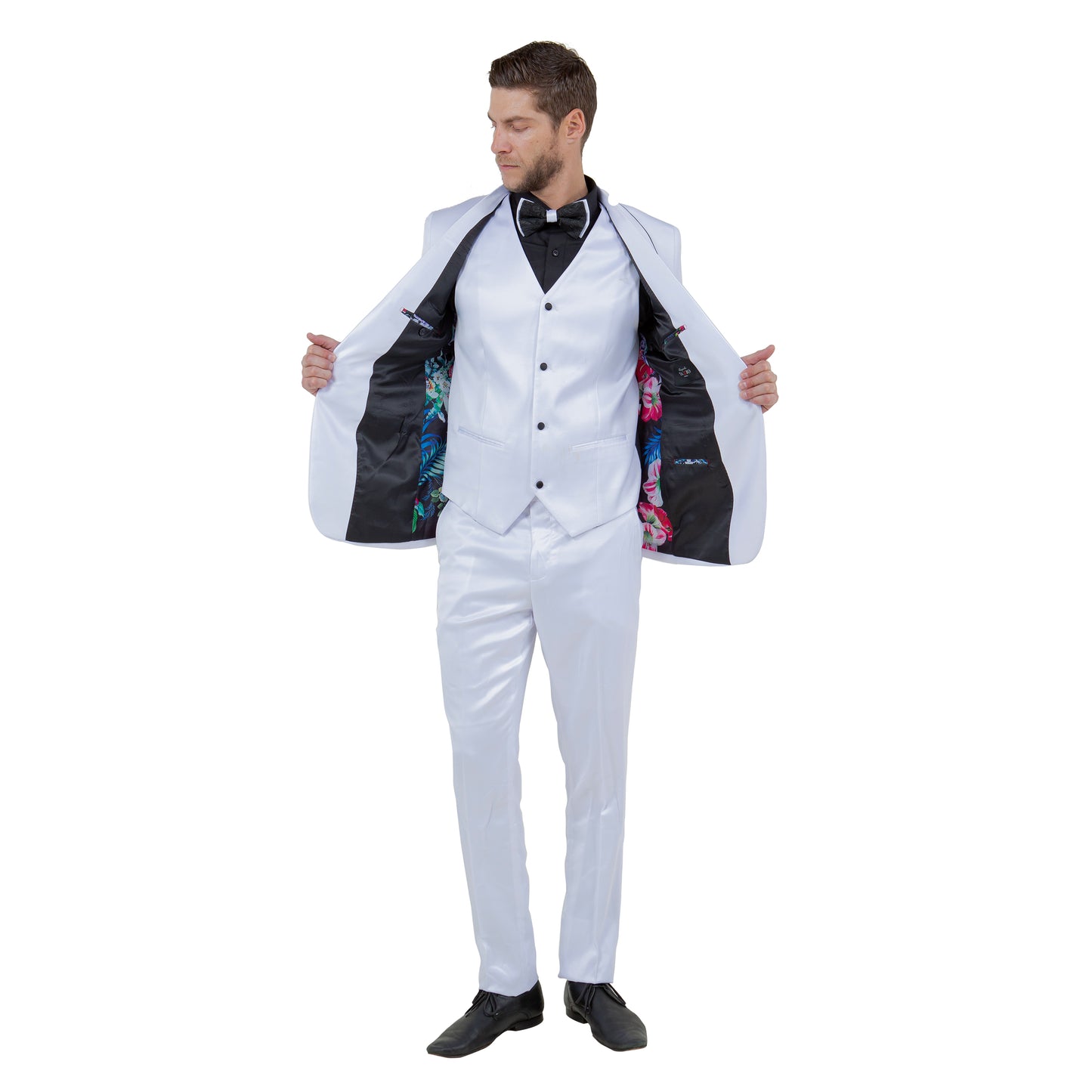 Mens 3pc Solid Satin Suit Set w/ Free Bowtie, White
