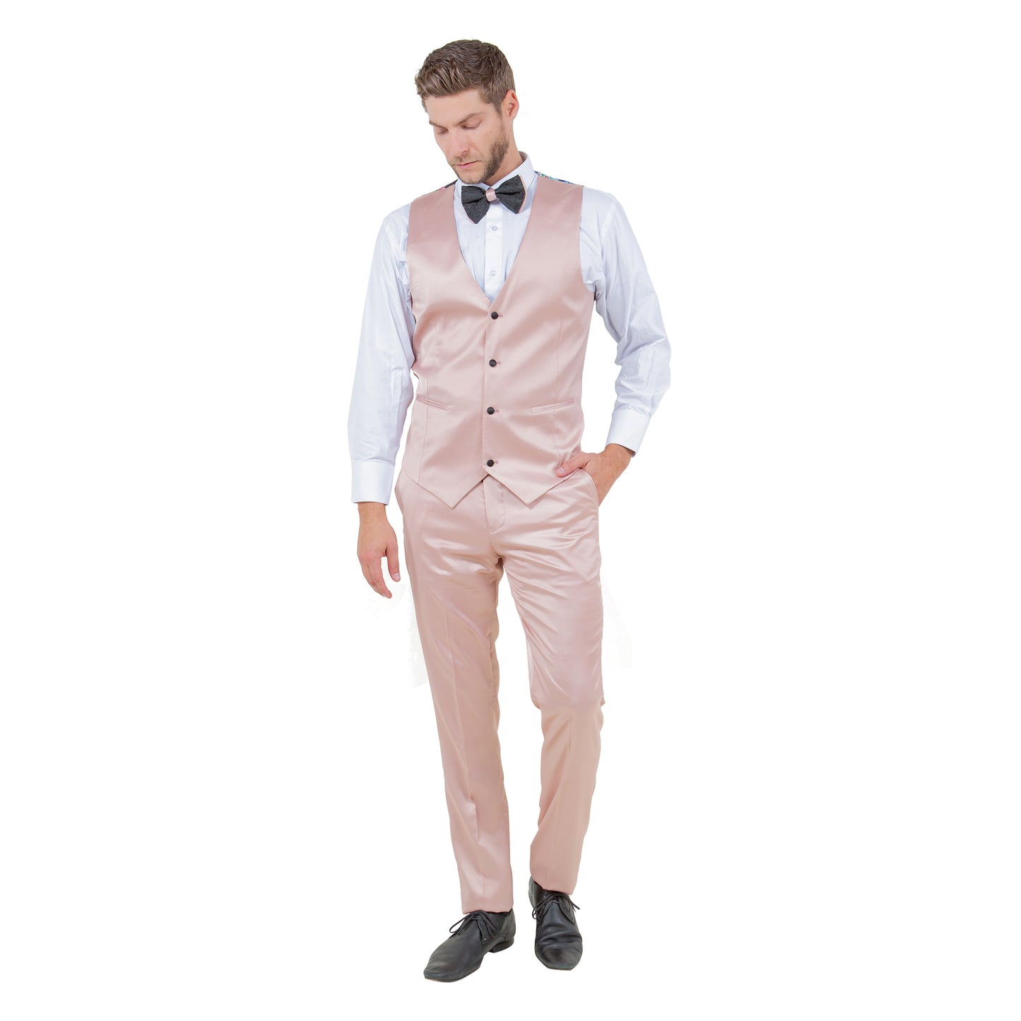 Mens 3pc Solid Satin Suit Set w/ Free Bowtie, Rose