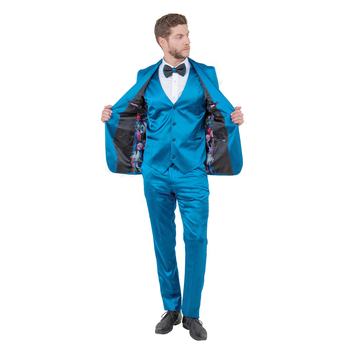 Mens 3pc Solid Satin Suit Set w/ Free Bowtie, Turquoise