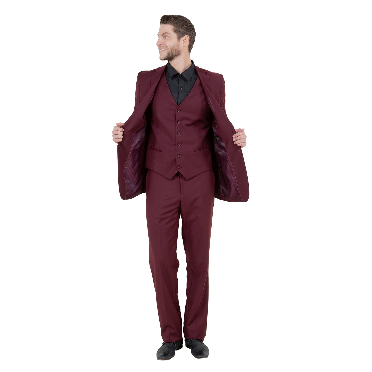 Men's Modern-Fit 3-Piece Suit Set w/ Jacket, Vest and Pants, Burgundy