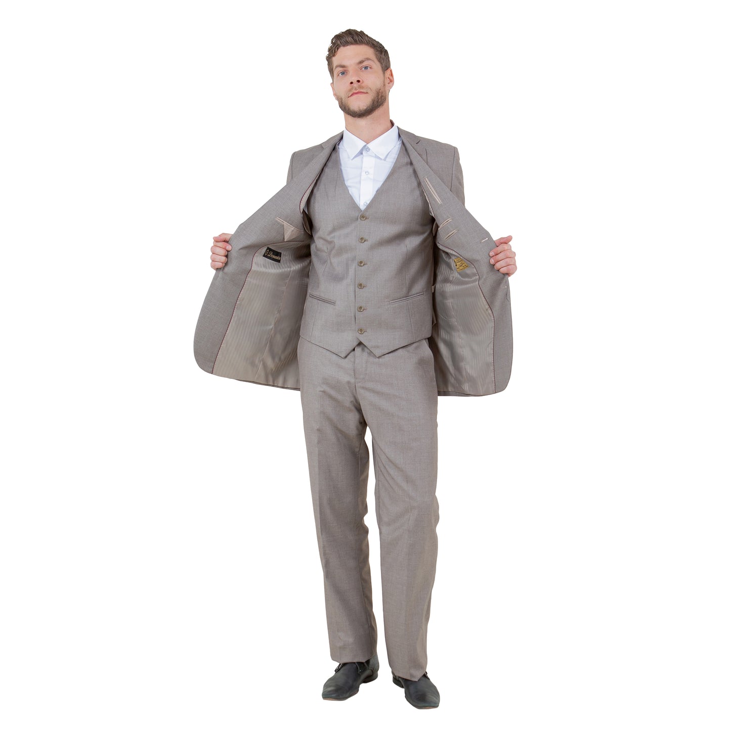 Men's Modern-Fit 3-Piece Suit Set w/ Jacket, Vest and Pants, Sand