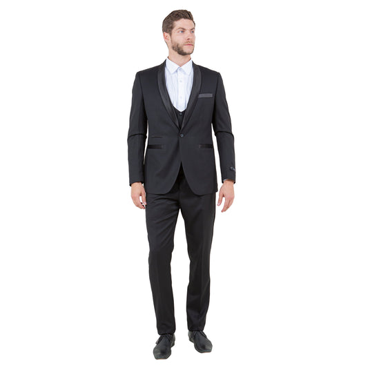 Men's Hybrid-Fit 3-Piece Suit w/ Satin Shawl Lapel, Black