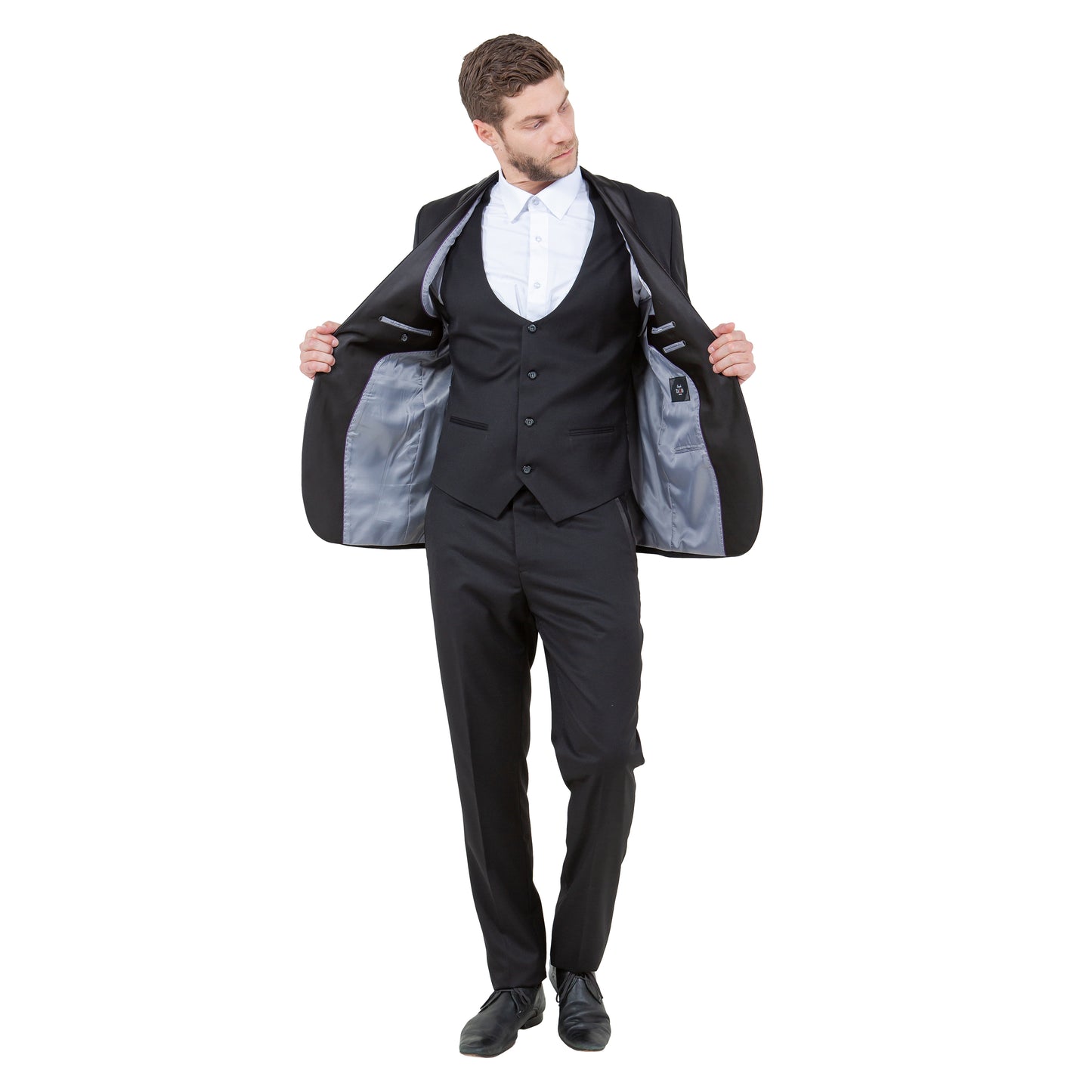 Men's Hybrid-Fit 3-Piece Suit w/ Satin Shawl Lapel, Black