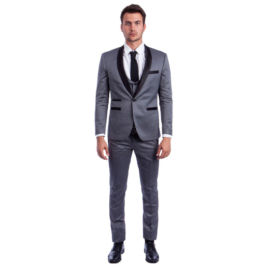 Men's Hybrid-Fit 3-Piece Suit w/ Satin Shawl Lapel, Grey