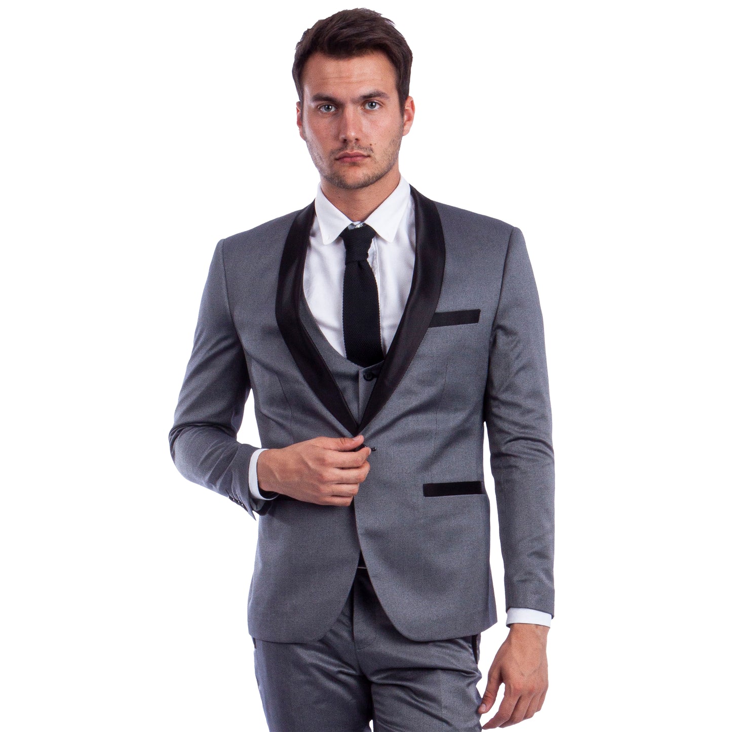 Men's Hybrid-Fit 3-Piece Suit w/ Satin Shawl Lapel, Grey