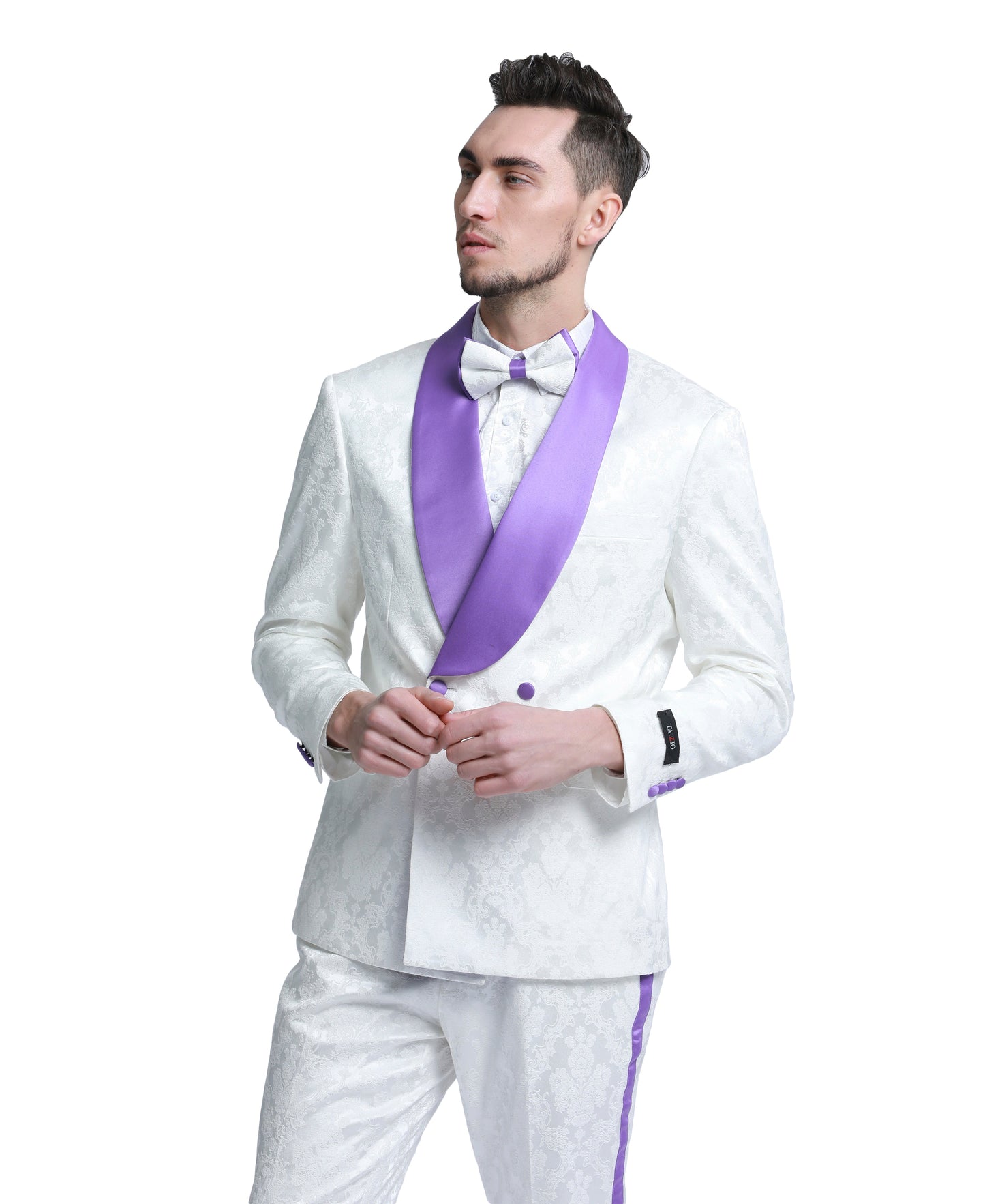 Tazzio Paisley Skinny Fit Shawl Collar Suit, White & Purple