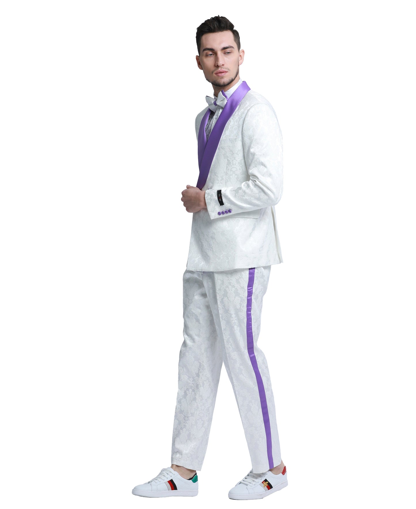 Tazzio Paisley Skinny Fit Shawl Collar Suit, White & Purple