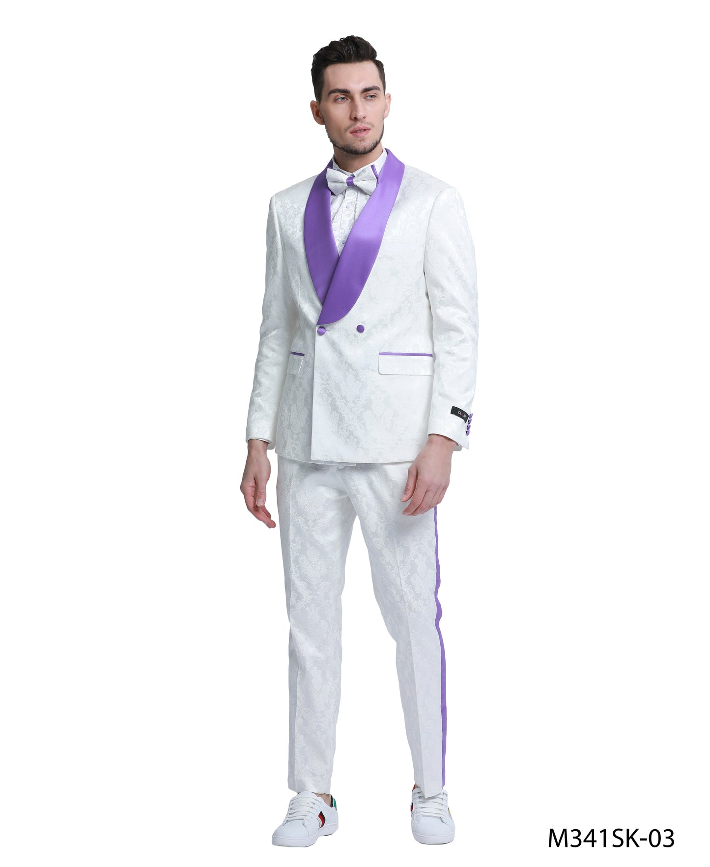 Tazzio Paisley Skinny Fit Shawl Collar Suit, White & Purple