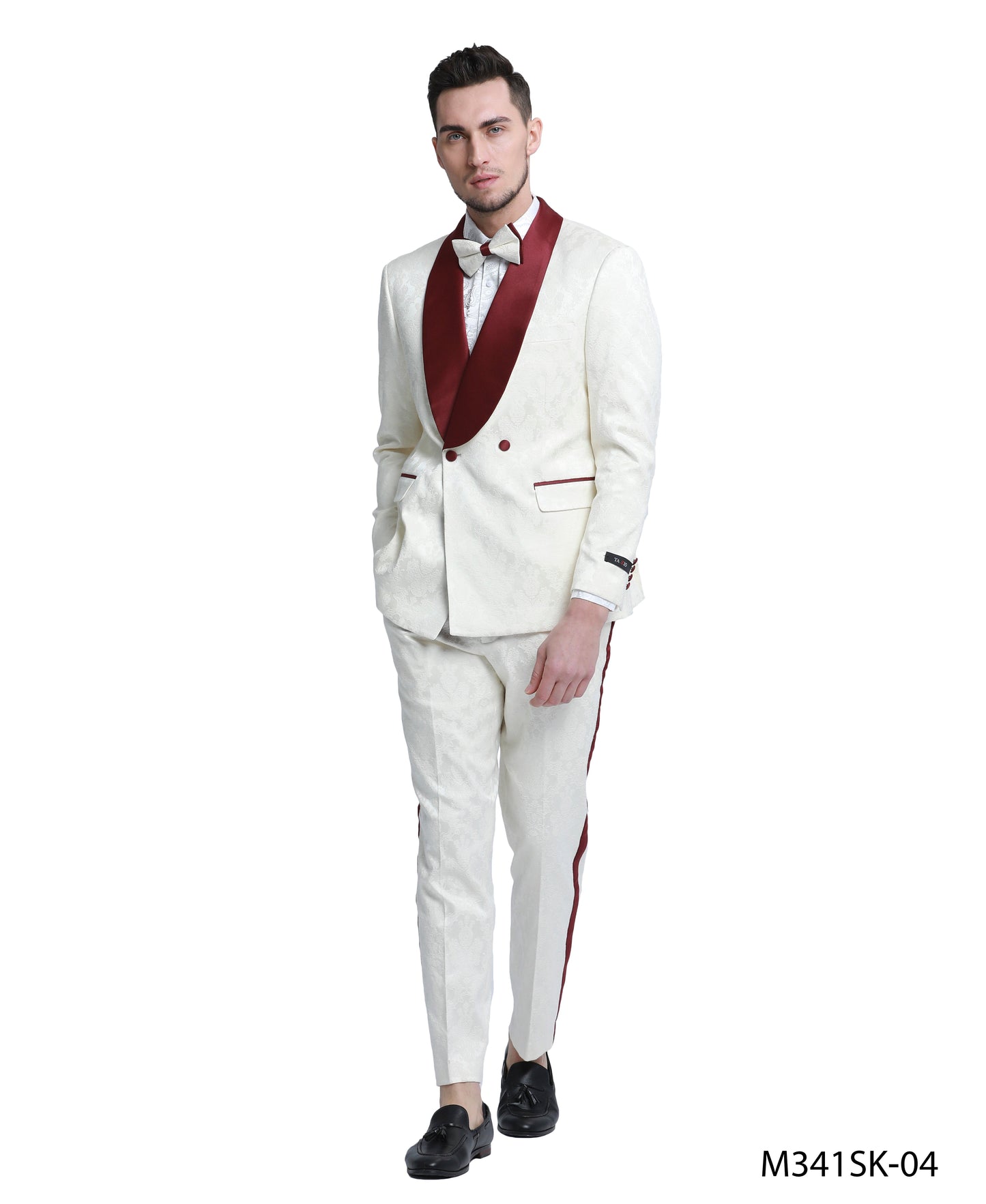 Tazzio Paisley Skinny Fit Shawl Collar Suit, White & Burgundy