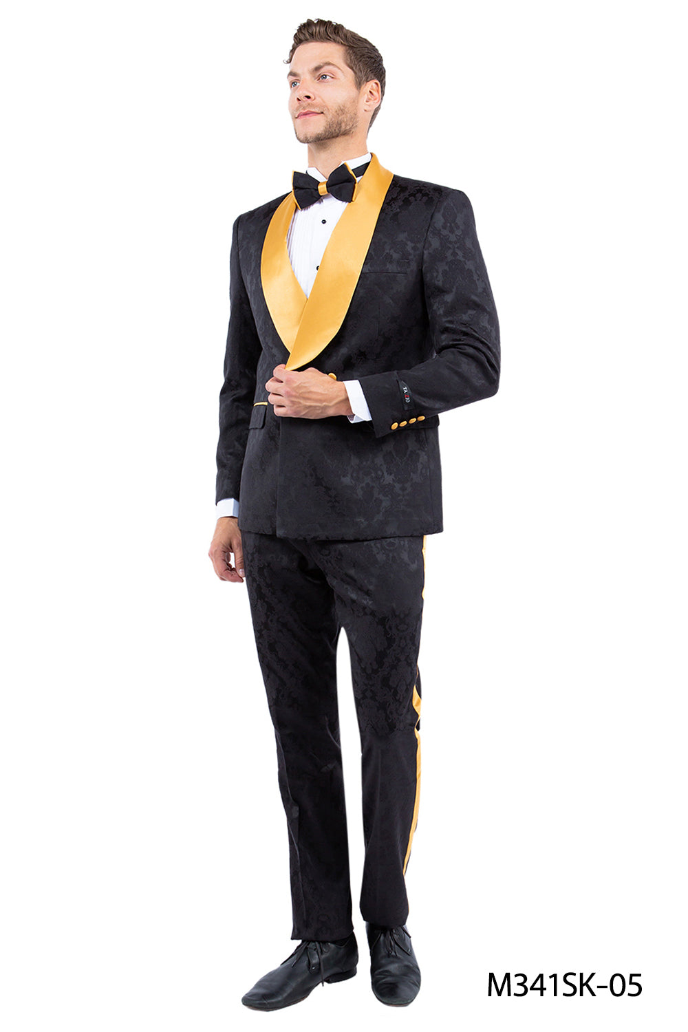 Tazzio Paisley Skinny Fit Shawl Collar Suit, Black & Gold