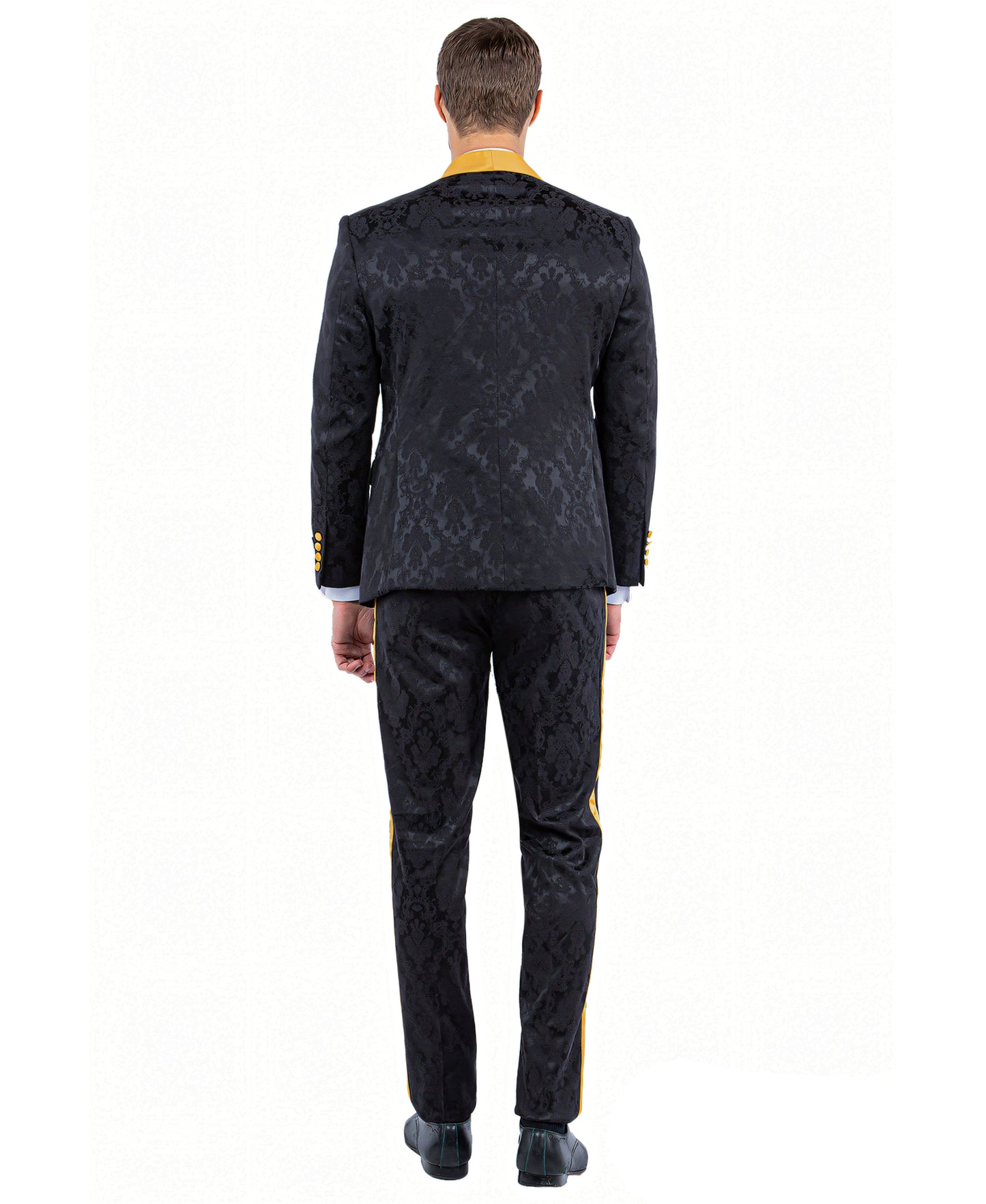 Tazzio Paisley Skinny Fit Shawl Collar Suit, Black & Gold