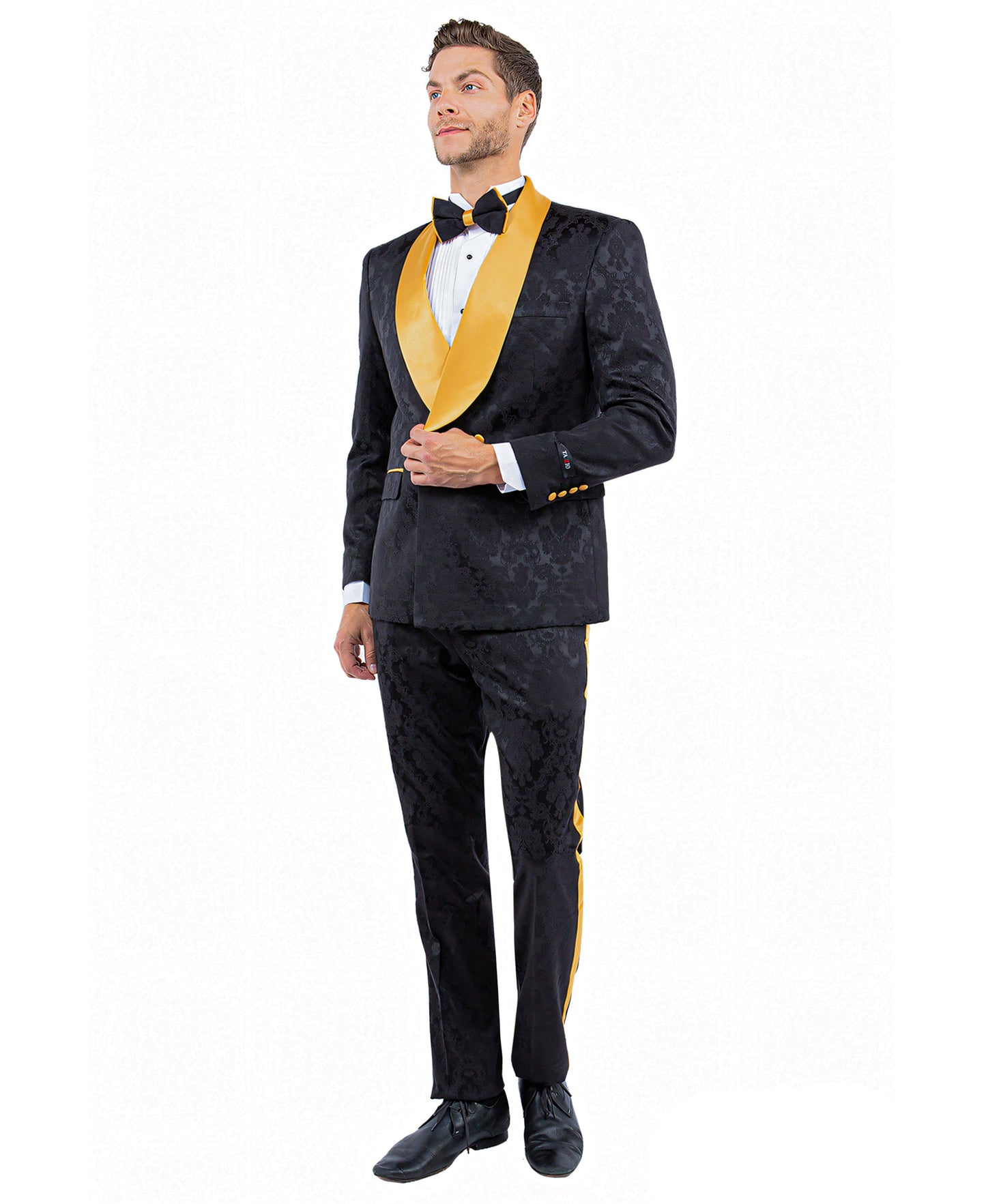 Tazzio Paisley Skinny Fit Shawl Collar Suit, Black & Gold