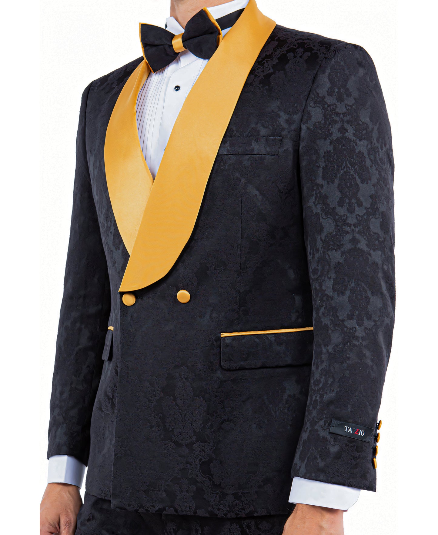 Tazzio Paisley Skinny Fit Shawl Collar Suit, Black & Gold