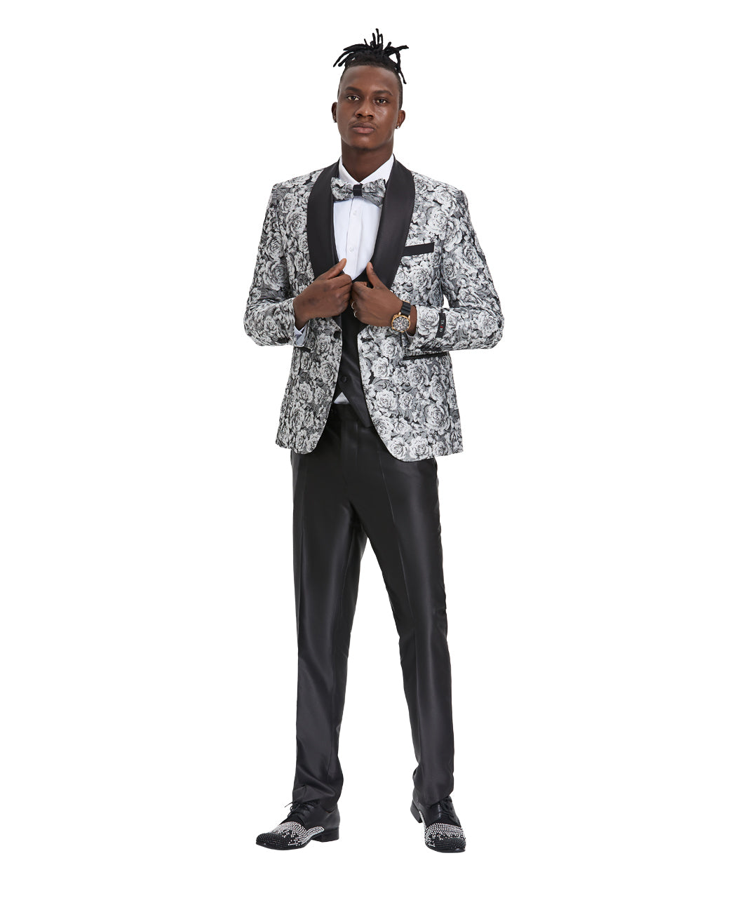Tazzio Skinny Fit Paisley Shawl Collar Suit Set, Silver / Black