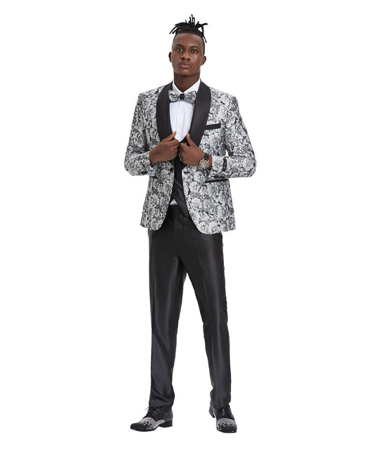 Tazzio Skinny Fit Paisley Shawl Collar Suit Set, Silver / Black
