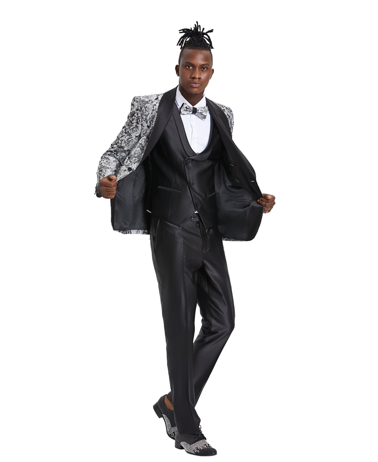 Tazzio Skinny Fit Paisley Shawl Collar Suit Set, Silver / Black