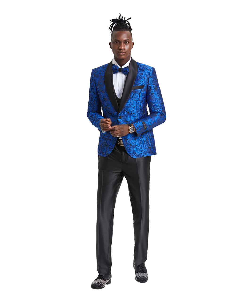 Tazzio Skinny Fit Paisley Shawl Collar Suit, Blue / Black