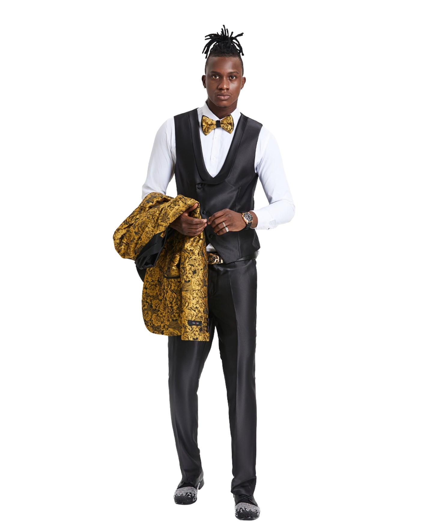 Tazzio Skinny Fit Paisley Shawl Collar Suit, Gold / Black