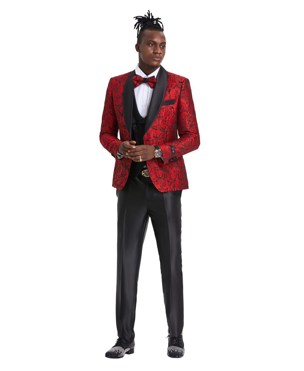 Tazzio Skinny Fit Paisley Shawl Collar Suit, Red / Black