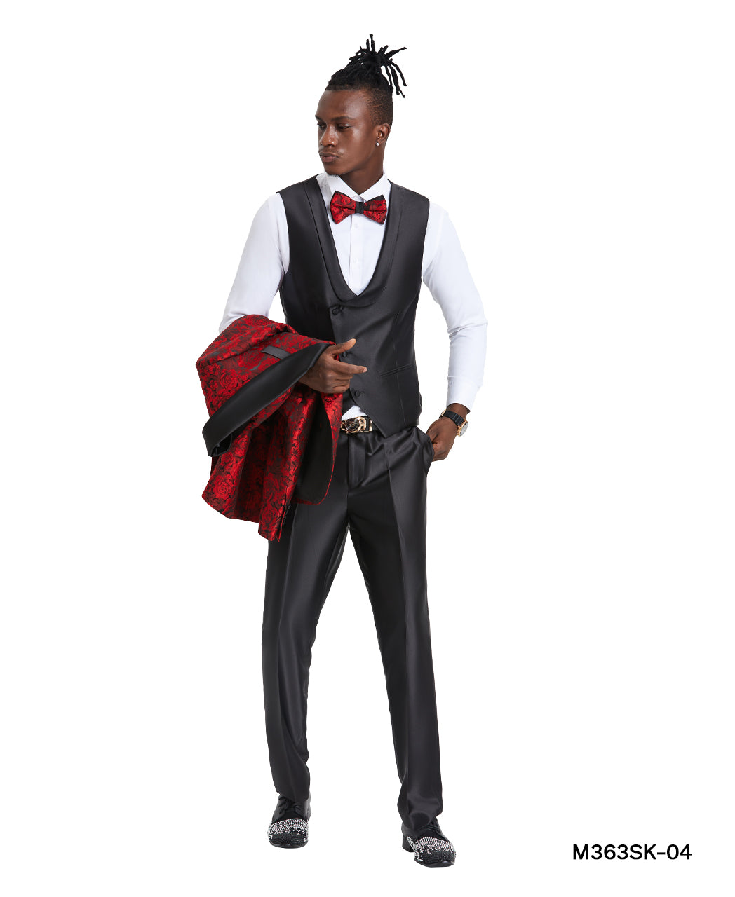 Tazzio Skinny Fit Paisley Shawl Collar Suit, Red / Black