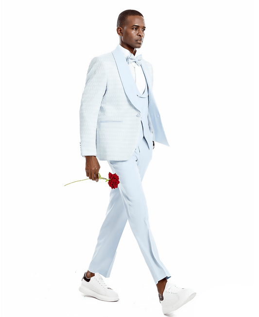 A man wearing a sky blue 3-piece suit. Jacket is Honeycomb Textured. Also wearing Matching bowtie.