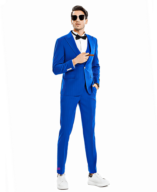 A man wearing a royal blue suit with white pinstripes and a bowtie.