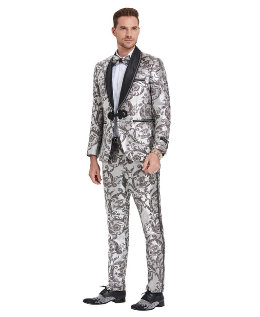 Tazzio Skinny Fit Suit Shawl Collar Paisley, Multi-Silver