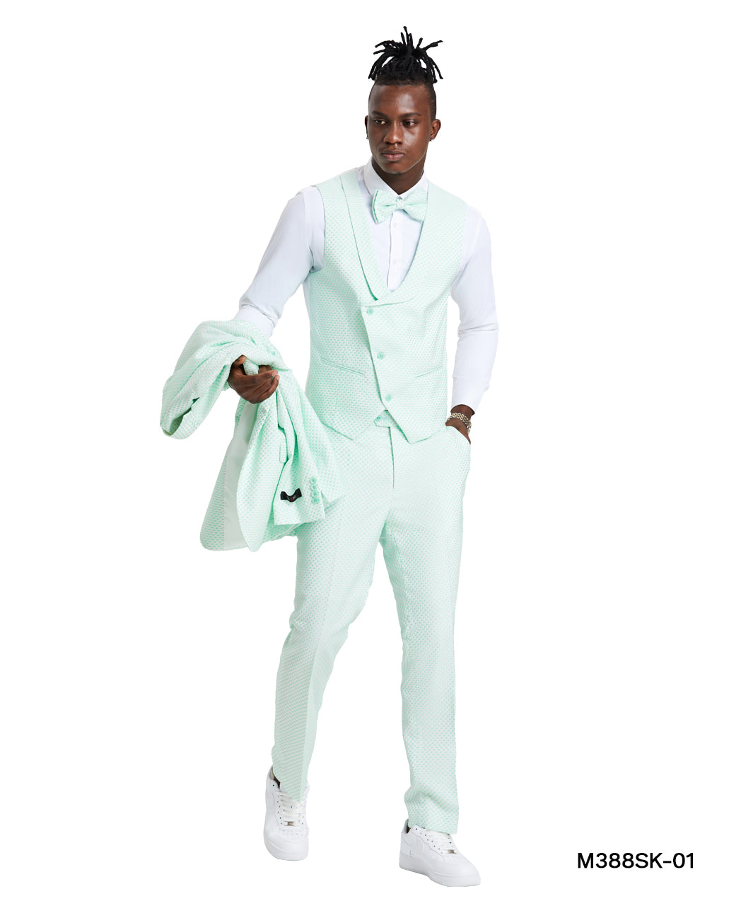 Tazzio Skinny Fit Polka Dot Suit Shawl U-Shaped Vest, Mint