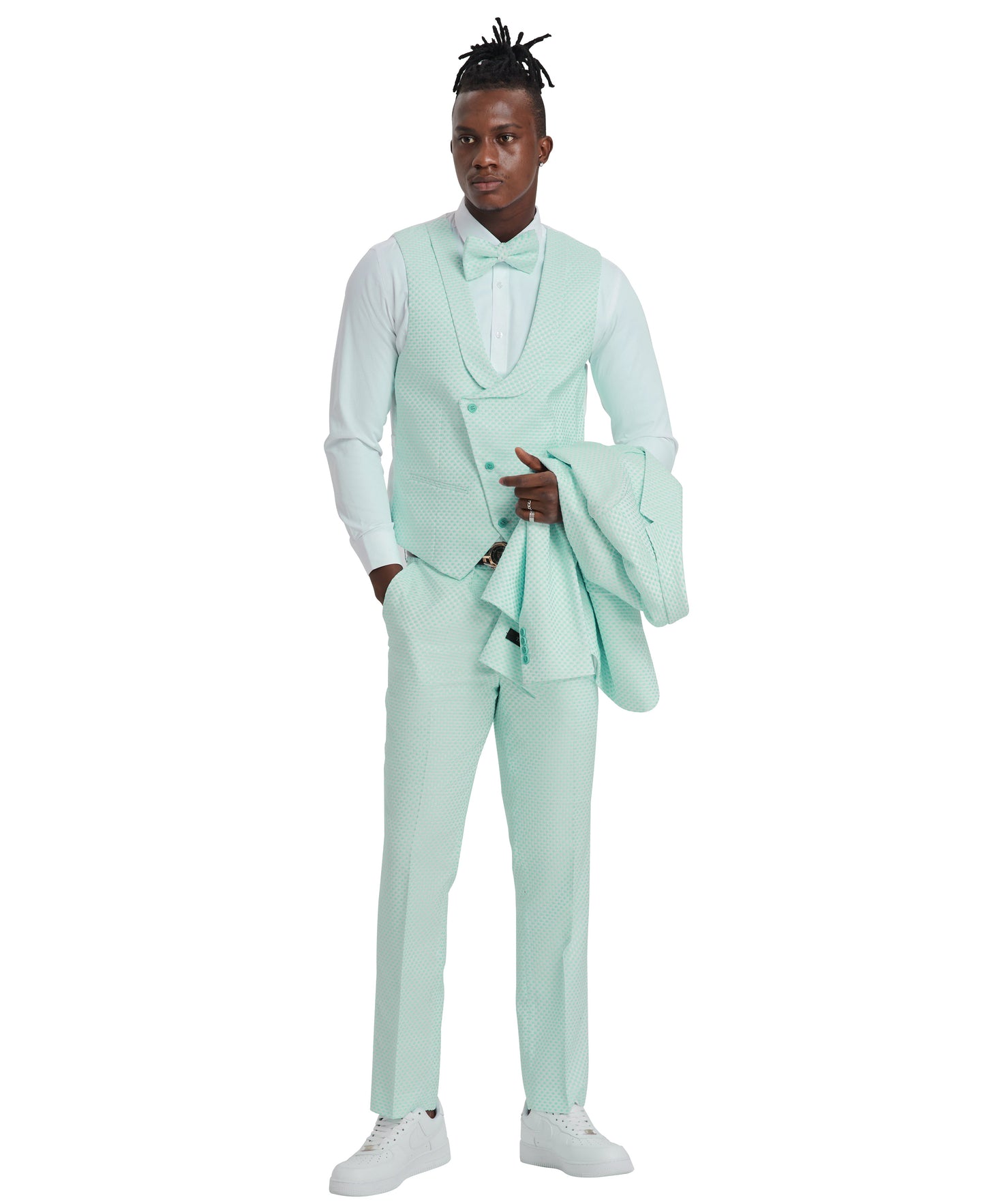 Tazzio Skinny Fit Polka Dot Suit Shawl U-Shaped Vest, Mint