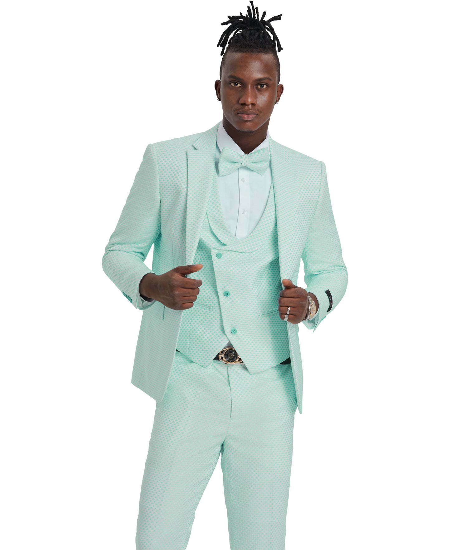 Tazzio Skinny Fit Polka Dot Suit Shawl U-Shaped Vest, Mint