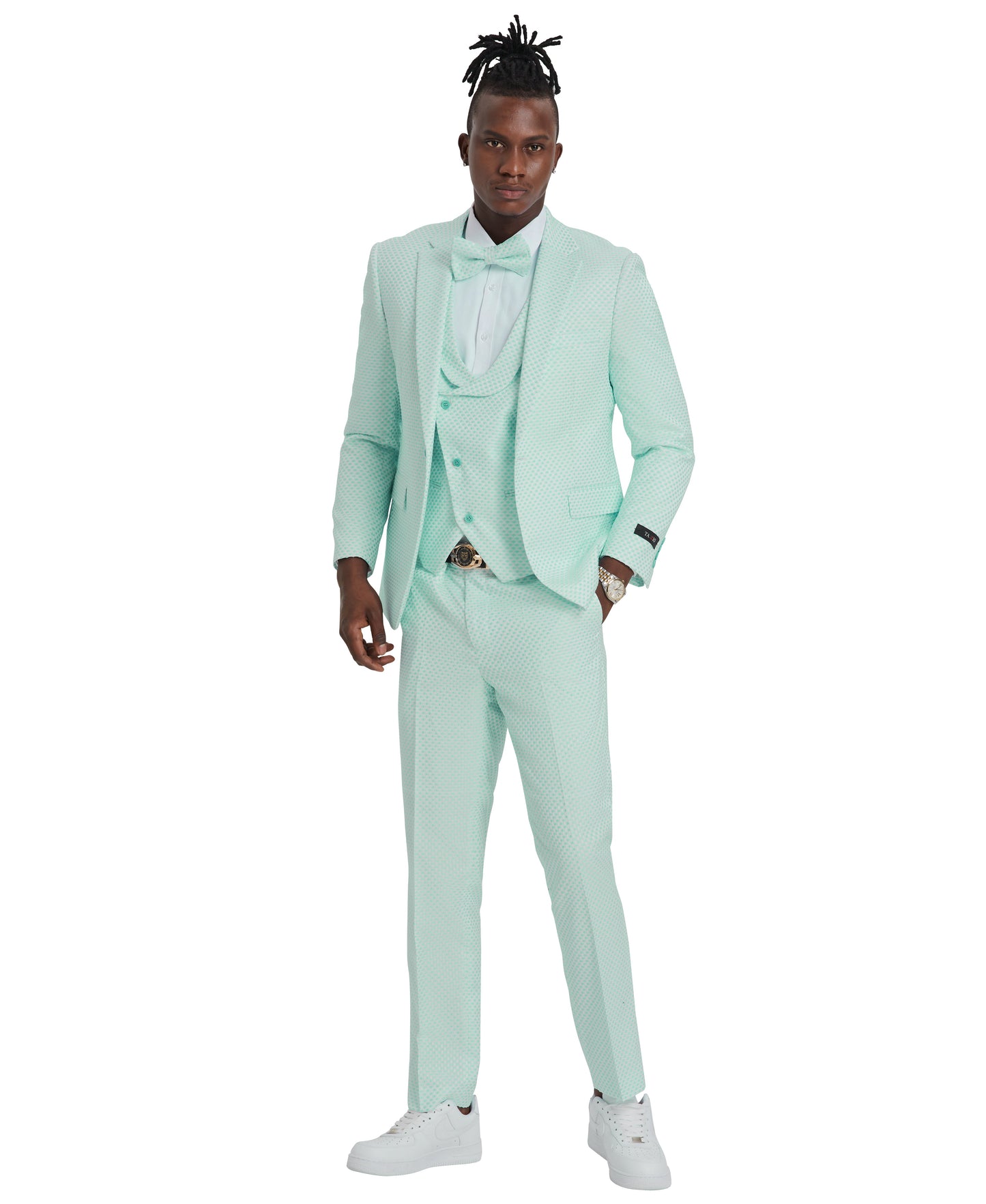 Tazzio Skinny Fit Polka Dot Suit Shawl U-Shaped Vest, Mint