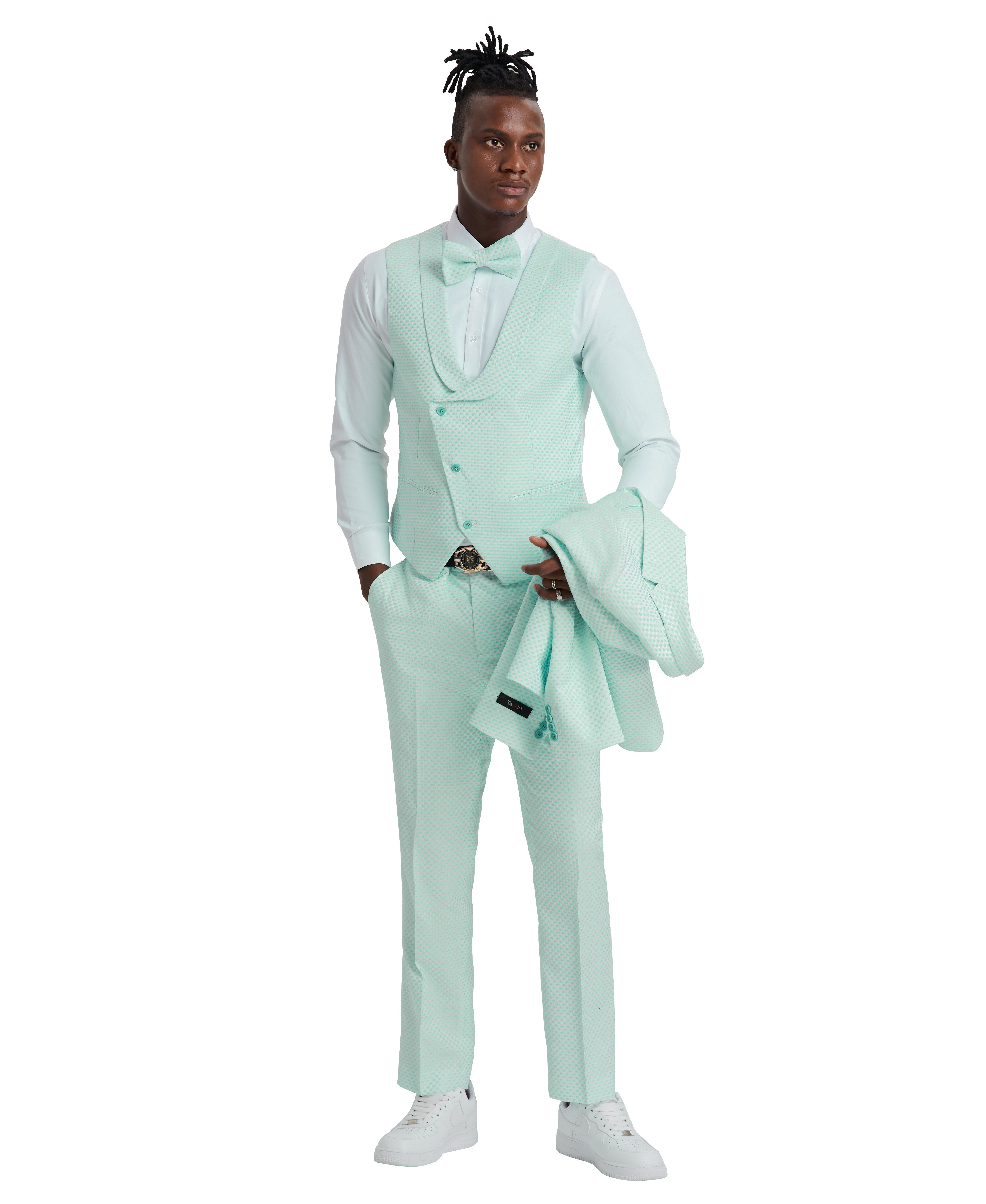 Tazzio Skinny Fit Polka Dot Suit Shawl U-Shaped Vest, Mint