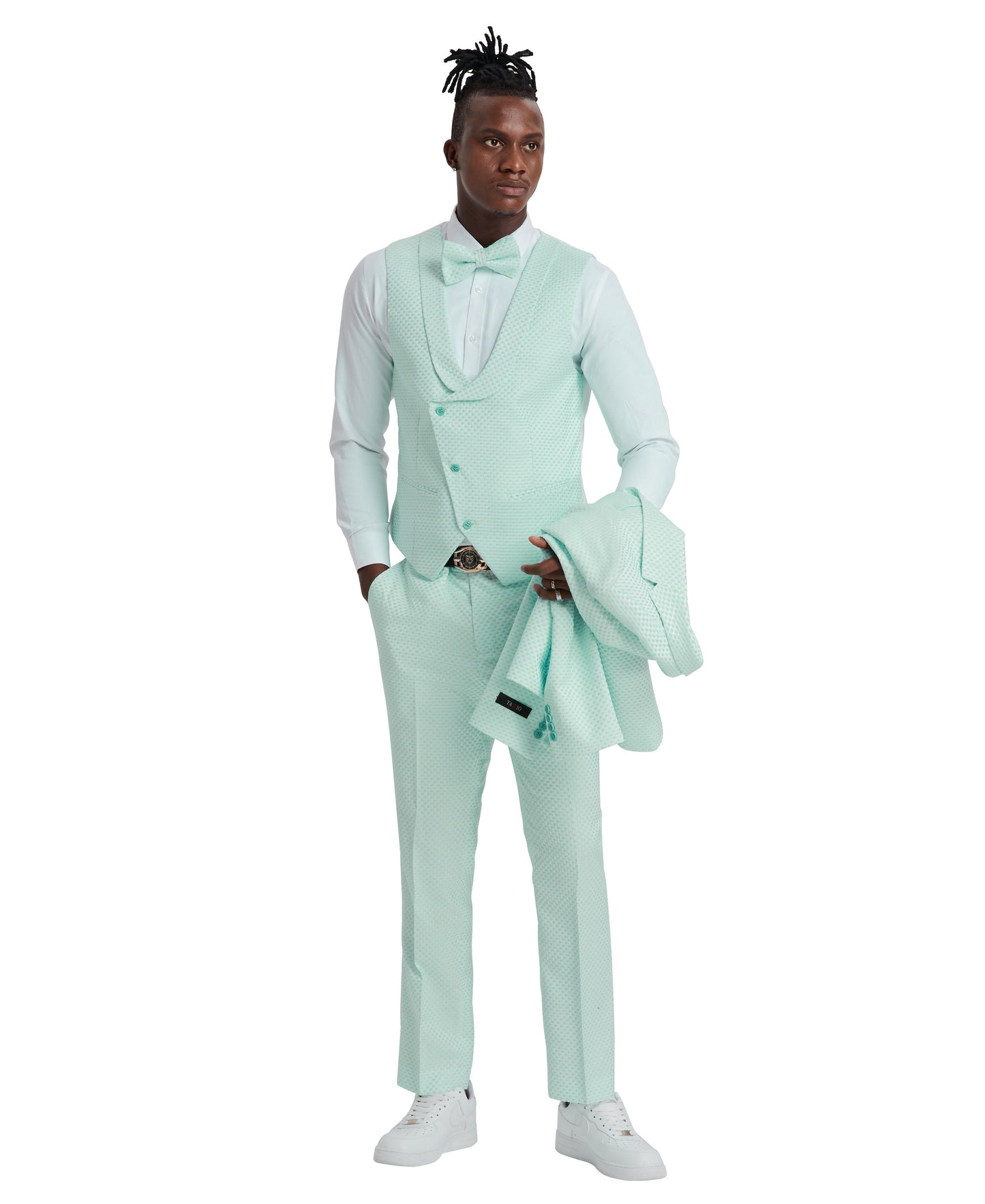 Tazzio Skinny Fit Polka Dot Suit Shawl U-Shaped Vest, Mint