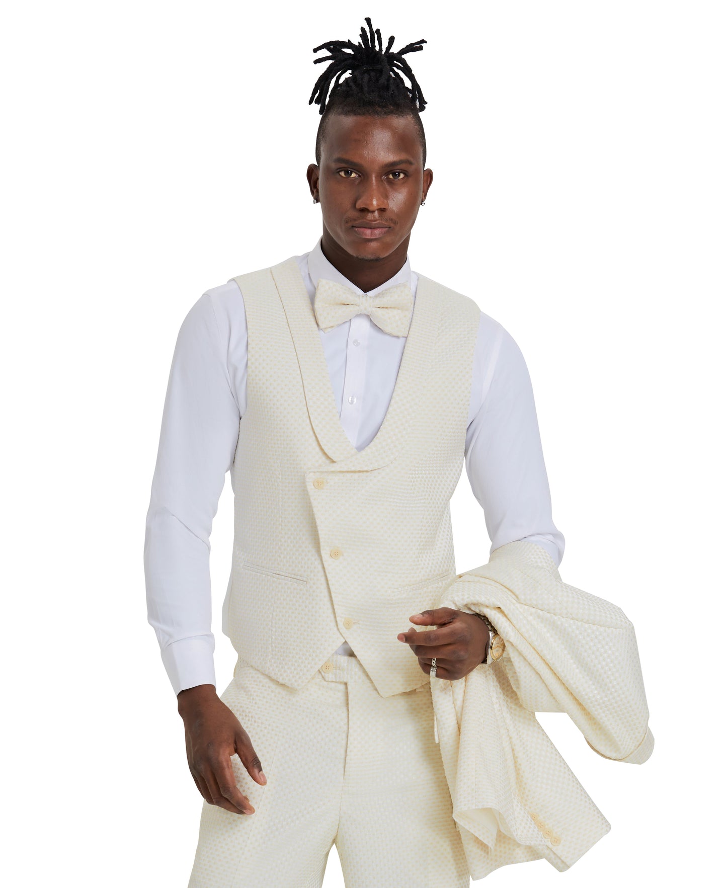 Tazzio Skinny Fit Polka Dot Suit Shawl U-Shaped Vest, Champagne