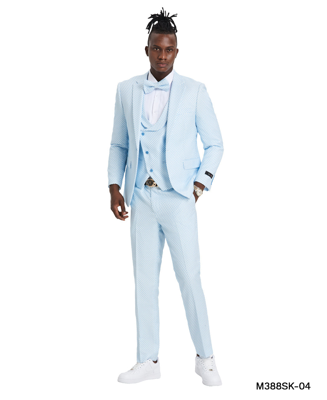 Tazzio Skinny Fit Polka Dot Suit Shawl U-Shaped Vest, Sky Blue