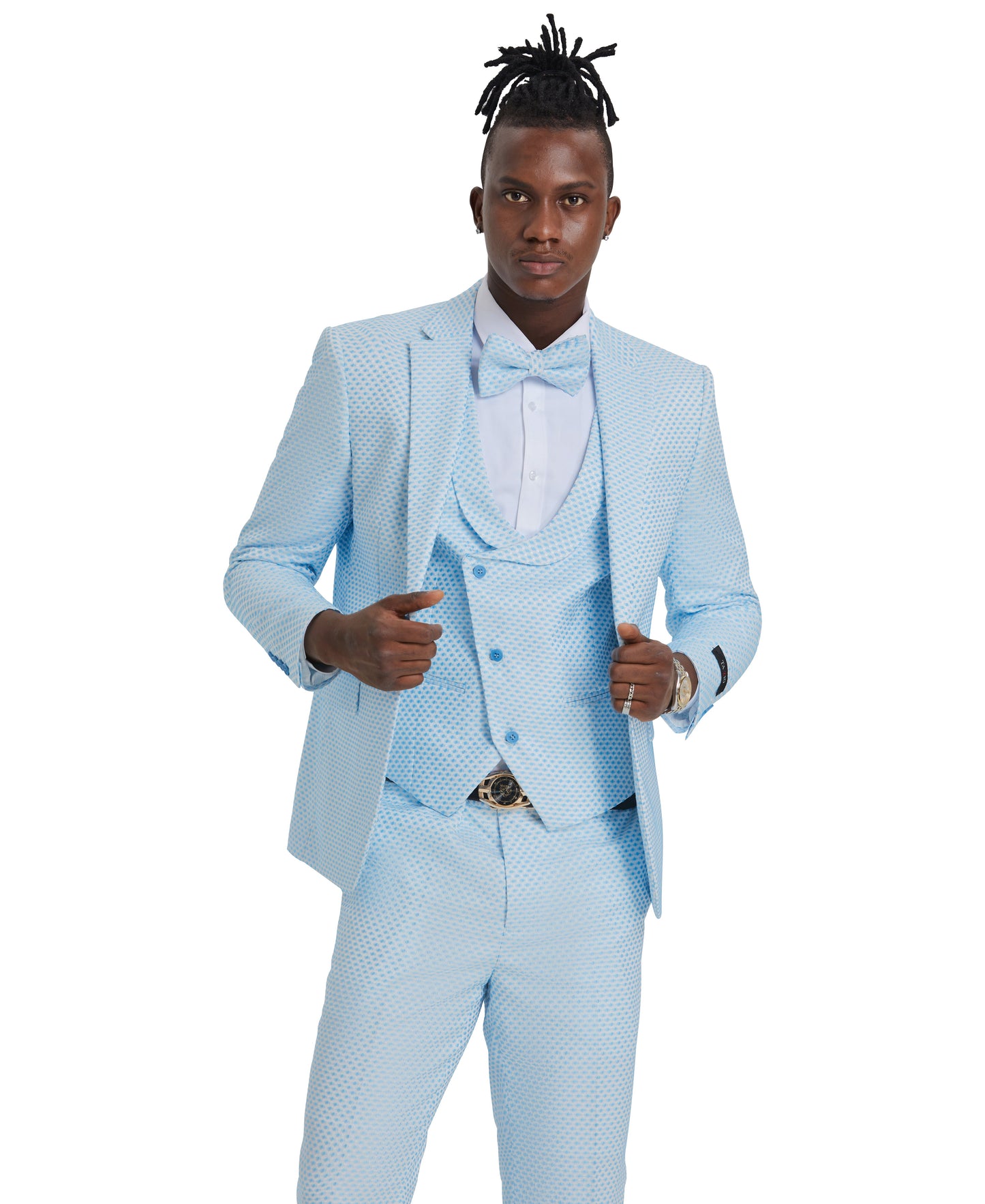 Tazzio Skinny Fit Polka Dot Suit Shawl U-Shaped Vest, Sky Blue