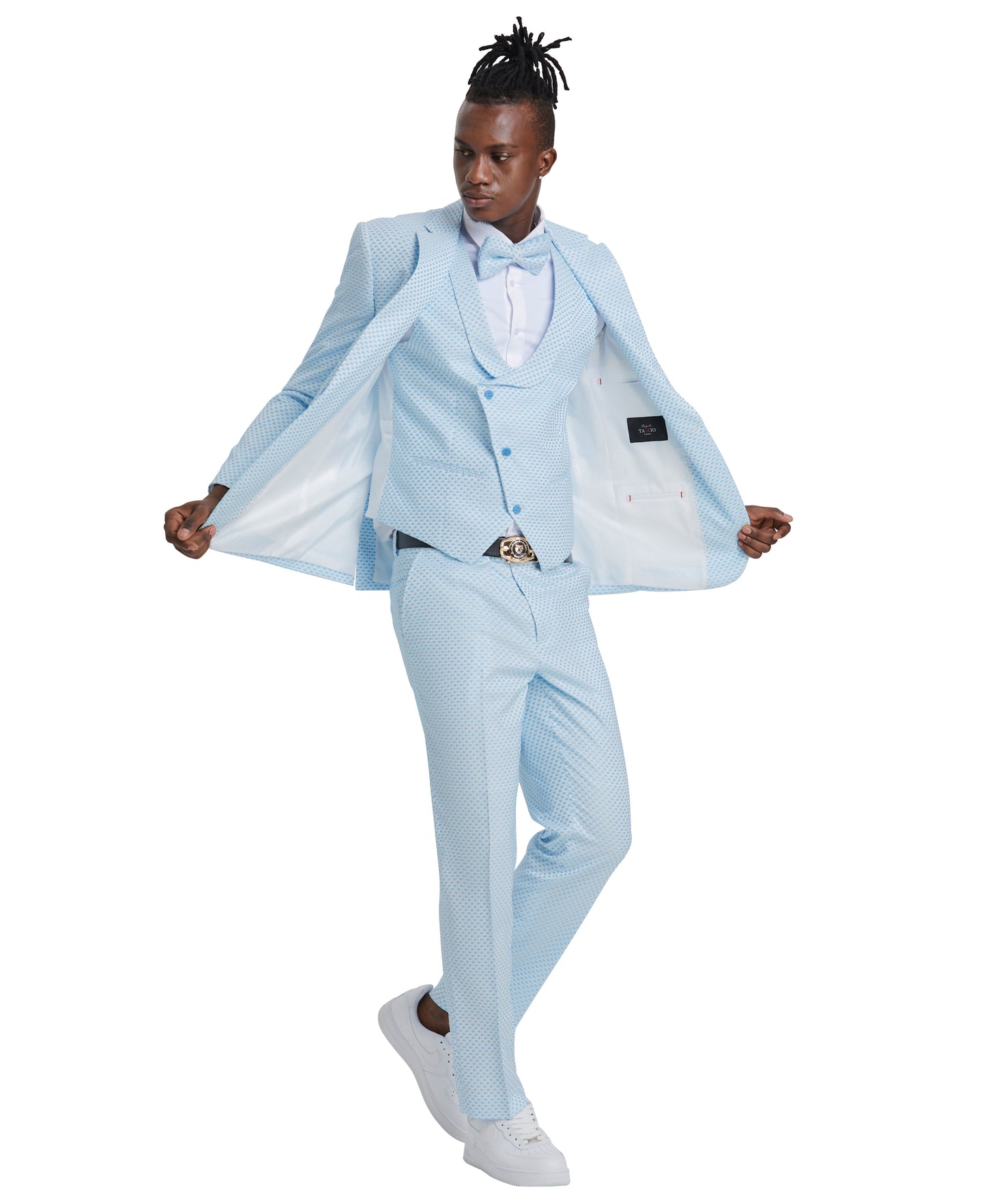 Tazzio Skinny Fit Polka Dot Suit Shawl U-Shaped Vest, Sky Blue