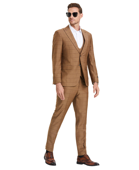 Tazzio Skinny Fit Window Plaid Suit, Double Breast U-Shape Vest, Walnut