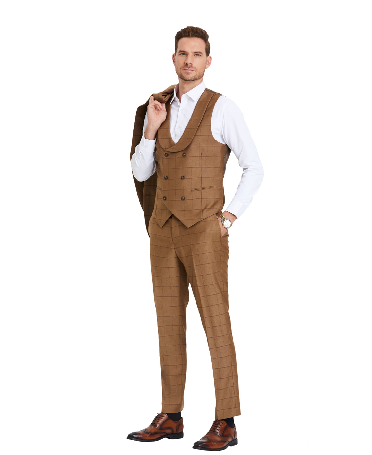 Tazzio Skinny Fit Window Plaid Suit, Double Breast U-Shape Vest, Walnut